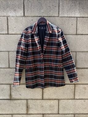 Plaid Single-Button Blazer in Black and Red